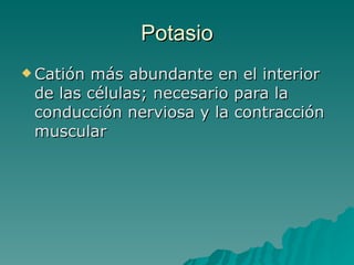 Potasio Catión más abundante en el interior de las células; necesario para la conducción nerviosa y la contracción muscular 