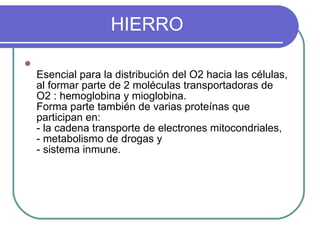 HIERRO Esencial para la distribución del O2 hacia las células, al formar parte de 2 moléculas transportadoras de O2 : hemoglobina y mioglobina.  Forma parte también de varias proteínas que participan en:  - la cadena transporte de electrones mitocondriales,  - metabolismo de drogas y  - sistema inmune.  