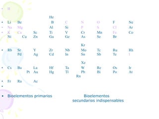 H     He Li Be     B C N O F Ne Na Mg   Al Si P S Cl Ar K Ca Sc Ti V Cr Mn Fe Co   Ni   Cu Zn Ga Ge As Se Br   Kr Rb Sr Y Zr Nb Mo Tc Ru Rh Pd Ag Cd In Sn Sb Te I   Xe Cs Ba La Hf Ta W Re Os Ir   Pt Au Hg Tl Pb Bi Po At   Rn Fr Ra Ac     Bioelementos primarios  Bioelementos   secundarios indispensables 