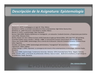 Descripción de la Asignatura: Epistemología


Bibliografía recomendada:
Avanzini, G.  (1977). La pedagogía en el siglo XX. Trillas: México
Bachelard, G. (1975). La actividad racionalista de la física contemporánea. Siglo Veinte: Buenos Aires
Bettelheim, B.  (1987) Educación y vida Moderna. Grijalbo: México 
Blanche, R. (1973). La epistemología. Oikos: Barcelona
Barrera, Fidel (2004). Modelos Epistémicos en investigación y en educación. Fundación Servicios y Proyecciones para América
Latina SYPAL. Ediciones Girón. 
Barthes, Roland. S/Z. Paris: Editions du Seuil, (1970) Traducido al inglés por Richard Miller. 1974. New York: Hill and Wang.
Fernandez Collado, Carlos y Gordon L. Dahnke. ( 1988). La comunicación humana: Ciencia Social. McGraw‐Hill, México.
Filloux, Jean Claude (2008). Epistemología, Ética y Ciencias de la Educación. Colección Contextos Humanos. Contexto Grupo 
Editor. Argentina.
González, Juan de Dios. (1999). Epistemología administrativa y "management" del conocimiento. Administración y 
organización. UAM‐X. México.
Landow, George E. (1995). Hipertexto. La convergencia de la teoría crítica contemporánea y la tecnología. Ediciones Paidós, 
Bracelona. 
Ríos, Jesús (2004). Epistemología. Fundamentos Generales. Ediciones USTA.Universidad Santo Tómas . Bogotá. Colombia
Schön, Donald ( 1992). La formación de profesionales reflexivos. Hacia un nuevo    diseño de la enseñanza y el aprendizaje en 
las profesiones. Paidós. Barcelona




                          EPISTEMOLOGÍA                                                           Dra. Adriana Boscán
 