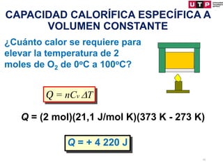 CAPACIDAD CALORÍFICA ESPECÍFICA A
VOLUMEN CONSTANTE
¿Cuánto calor se requiere para
elevar la temperatura de 2
moles de O2 de 0oC a 100oC?
Q = (2 mol)(21,1 J/mol K)(373 K - 273 K)
Q = nCv T
Q = + 4 220 J
19
 