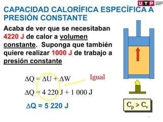CAPACIDAD CALORÍFICA ESPECÍFICA A
PRESIÓN CONSTANTE
Acaba de ver que se necesitaban
4220 J de calor a volumen
constante. Suponga que también
quiere realizar 1000 J de trabajo a
presión constante
Q = U + W
Q = 4 220 J +   J
Q = 5 220 J Cp > Cv
Igual
21
 