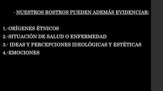 • NUESTROS ROSTROS PUEDEN ADEMÁS EVIDENCIAR:
1.-ORÍGENES ÉTNICOS
2.-SITUACIÓN DE SALUD O ENFERMEDAD
3.- IDEAS Y PERCEPCIONES IDEOLÓGICAS Y ESTÉTICAS
4.-EMOCIONES
 