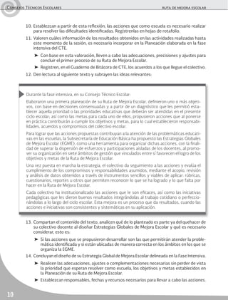 Consejos Técnicos Escolares	 ruta de mejora escolar
10
10.	Establezcan a partir de esta reflexión, las acciones que como escuela es necesario realizar
para resolver las dificultades identificadas. Regístrenlas en hojas de rotafolio.
11.	Valoren cuáles información de los resultados obtenidos en las actividades realizadas hasta
este momento de la sesión, es necesario incorporar en la Planeación elaborada en la fase
intensiva del CTE.
➤	 Con base en esta valoración, lleven a cabo las adecuaciones, precisiones y ajustes para
concluir el primer proceso de su Ruta de Mejora Escolar.
➤	 Registren, en el Cuaderno de Bitácora de CTE, los acuerdos a los que llegue el colectivo.
12.	Den lectura al siguiente texto y subrayen las ideas relevantes:
13.	Compartan el contenido del texto, analicen qué de lo planteado es parte ya del quehacer de
su colectivo docente al diseñar Estrategias Globales de Mejora Escolar y qué es necesario
considerar, esto es:
➤	 Si las acciones que se propusieron desarrollar son las que permitirán atender la proble-
mática identificada y si están ubicadas de manera correcta en los ámbitos en los que se
organiza la EGME.
14.	Concluyan el diseño de su Estrategia Global de Mejora Escolar delineada en la Fase Intensiva.
➤	 Realicen las adecuaciones, ajustes o complementaciones necesarias sin perder de vista
la prioridad que esperan resolver como escuela, los objetivos y metas establecidos en
la Planeación de su Ruta de Mejora Escolar.
➤	 Establezcan responsables, fechas y recursos necesarios para llevar a cabo las acciones.
Durante la fase intensiva, en su Consejo Técnico Escolar:
Elaboraron una primera planeación de su Ruta de Mejora Escolar, definieron uno o más objeti-
vos, con base en decisiones consensuadas y a partir de un diagnóstico que les permitió esta-
blecer aquella prioridad o las prioridades educativas que deberán ser atendidas en el presente
ciclo escolar; así como las metas para cada uno de ellos, propusieron acciones que al ponerse
en práctica contribuirán a cumplir los objetivos y metas, para lo cual establecieron responsabi-
lidades, acuerdos y compromisos del colectivo escolar.
Para lograr que las acciones propuestas contribuyan a la atención de las problemáticas educati-
vas en las escuelas, la Subsecretaría de Educación Básica ha propuesto las Estrategias Globales
de Mejora Escolar (EGME), como una herramienta para organizar dichas acciones, con la finali-
dad de superar la dispersión de esfuerzos y participaciones aisladas de los docentes, al promo-
ver su organización en siete ámbitos de gestión que vinculados entre sí favorecen el logro de los
objetivos y metas de la Ruta de Mejora Escolar.
Una vez puesta en marcha la estrategia, el colectivo da seguimiento a las acciones y evalúa el
cumplimiento de los compromisos y responsabilidades asumidos, mediante el acopio, revisión
y análisis de datos obtenidos a través de instrumentos sencillos y viables de aplicar: rúbricas,
cuestionarios, reportes u otros que permiten reconocer lo que se ha logrado y lo que falta por
hacer en la Ruta de Mejora Escolar.
Cada colectivo ha institucionalizado las acciones que le son eficaces, así como las iniciativas
pedagógicas que les dieron buenos resultados integrándolas al trabajo cotidiano o perfeccio-
nándolas a lo largo del ciclo escolar. Esta mejora es un proceso que da resultados, cuando las
acciones e iniciativas son consistentes y sistemáticas en su aplicación.
 
