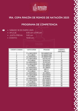 1RA. COPA RINCÓN DE ROMOS DE NATACIÓN 2025
PROGRAMA DE COMPETENCIA
SÁBADO 18 DE ENERO 2025
AFLOJE: 8:30 am a 9:45 am
JUNTA PREVIA: 9:45 am
EVENTO: 10:00 am
 