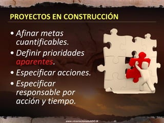 PROYECTOS EN CONSTRUCCIÓN

• Afinar metas
  cuantificables.
• Definir prioridades
  aparentes.
• Especificar acciones.
• Especificar
  responsable por
  acción y tiempo.

               www.vicerrectoradoADO.tk   48
 