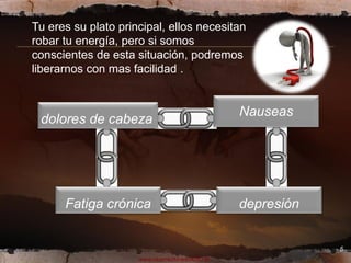 Tu eres su plato principal, ellos necesitan
robar tu energía, pero si somos
conscientes de esta situación, podremos
liberarnos con mas facilidad .


                                                Nauseas
 dolores de cabeza




      Fatiga crónica                            depresión


                                                            5
                     www.vicerrectoradoADO.tk
 