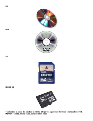 Cd
Dvd
SD
MICRO SD
Tareita:Con la ayuda del papito o la mamita dibujar los siguientes Hardware en el cuaderno: CD,
Monitor, Teclado, mouse y usb, se revisará en clase.
 