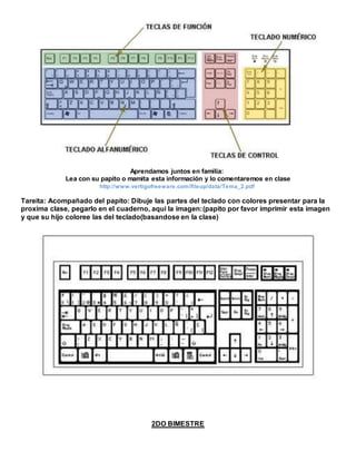 Aprendamos juntos en familia:
Lea con su papito o mamita esta información y lo comentaremos en clase
http://www.vertigofreeware.com/fileup/data/Tema_2.pdf
Tareita: Acompañado del papito: Dibuje las partes del teclado con colores presentar para la
proxima clase, pegarlo en el cuaderno, aqui la imagen:(papito por favor imprimir esta imagen
y que su hijo coloree las del teclado(basandose en la clase)
2DO BIMESTRE
 