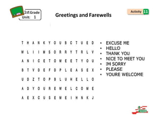 1st
1 Greetings and Farewells
• EXCUSE ME
• HELLO
• THANK YOU
• NICE TO MEET YOU
• IM SORRY
• PLEASE
• YOURE WELCOME
11
 