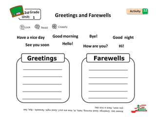 1st
1
12
Greetings and Farewells
Have a nice day Good morning Bye! Good night
See you soon Hello!
How are you? Hi!
Greetings Farewells
 