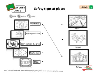 1st
2
Safety signs at places 2
.
Wash your hands .
Don’t walk on the grass .
.
.
.
Park
.
Travel
.
School
Stop
Traffic light
Don’t litter
 