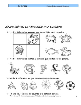 1er Grado

Evaluación del Segundo Bimestre

EXPLORACIÓN DE LA NATURALEZA Y LA SOCIEDAD
 1 y 2.- Colorea los animales que hacen falta en el recuadro.

 3 a 5.- Colorea las plantas y animales que puedan ser de peligro.

 6 a la 9.- Encierra los que son Componentes Naturales.

 10 a la 13.- Colorea de acuerdo a la estación del año.

*Pinta de amarillo el elemento de verano. *Pinta de verde el elemento de primavera.

7

 