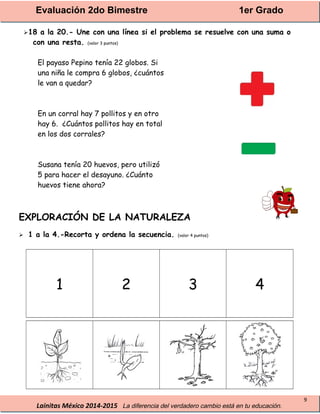 Evaluación 2do Bimestre 1er Grado
Lainitas México 2014-2015 La diferencia del verdadero cambio está en tu educación.
9
18 a la 20.- Une con una línea si el problema se resuelve con una suma o
con una resta. (valor 3 puntos)
El payaso Pepino tenía 22 globos. Si
una niña le compra 6 globos, ¿cuántos
le van a quedar?
En un corral hay 7 pollitos y en otro
hay 6. ¿Cuántos pollitos hay en total
en los dos corrales?
Susana tenía 20 huevos, pero utilizó
5 para hacer el desayuno. ¿Cuánto
huevos tiene ahora?
EXPLORACIÓN DE LA NATURALEZA
 1 a la 4.-Recorta y ordena la secuencia. (valor 4 puntos)
1 2 3 4
 