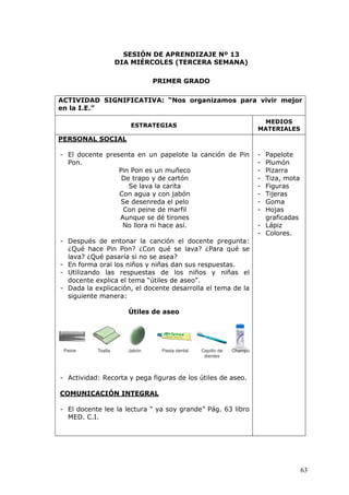 63
SESIÓN DE APRENDIZAJE Nº 13
DIA MIÉRCOLES (TERCERA SEMANA)
PRIMER GRADO
ACTIVIDAD SIGNIFICATIVA: “Nos organizamos para vivir mejor
en la I.E.”
ESTRATEGIAS
MEDIOS
MATERIALES
PERSONAL SOCIAL
- El docente presenta en un papelote la canción de Pin
Pon.
Pin Pon es un muñeco
De trapo y de cartón
Se lava la carita
Con agua y con jabón
Se desenreda el pelo
Con peine de marfil
Aunque se dé tirones
No llora ni hace así.
- Después de entonar la canción el docente pregunta:
¿Qué hace Pin Pon? ¿Con qué se lava? ¿Para qué se
lava? ¿Qué pasaría si no se asea?
- En forma oral los niños y niñas dan sus respuestas.
- Utilizando las respuestas de los niños y niñas el
docente explica el tema “útiles de aseo”.
- Dada la explicación, el docente desarrolla el tema de la
siguiente manera:
Útiles de aseo
- Actividad: Recorta y pega figuras de los útiles de aseo.
COMUNICACIÓN INTEGRAL
- El docente lee la lectura " ya soy grande” Pág. 63 libro
MED. C.I.
- Papelote
- Plumón
- Pizarra
- Tiza, mota
- Figuras
- Tijeras
- Goma
- Hojas
graficadas
- Lápiz
- Colores.
 