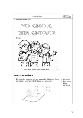 76
ESTRATEGIAS
MEDIOS
MATERIALES
- Colorea la oración:
- Pinta:
LÓGICO MATEMÁTICA
- El docente presenta en un papelote dibujado, líneas
cerradas y abiertas indicándoles que observen.
- Papelote
- Plumones
- Cinta
adhesiva
 
