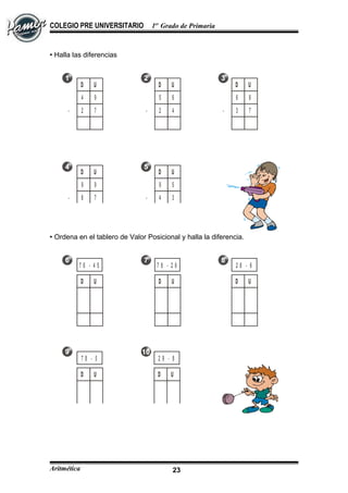 COLEGIO PRE UNIVERSITARIO 1er
Grado de Primaria
 Halla las diferencias
D U
4 9
2 7-
D U
5 6
2 4-
D U
6 8
3 7-
D U
9 9
6 7-
D U
9 5
4 3-
 Ordena en el tablero de Valor Posicional y halla la diferencia.
D U
7 6 - 4 5
D U
7 8 - 2 6
D U
2 8 - 6
D U
7 8 - 5
D U
2 9 - 8
Aritmética 23
 