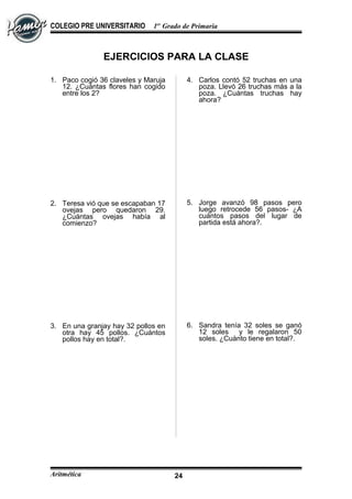 COLEGIO PRE UNIVERSITARIO 1er
Grado de Primaria
EJERCICIOS PARA LA CLASE
1. Paco cogió 36 claveles y Maruja
12. ¿Cuántas flores han cogido
entre los 2?
2. Teresa vió que se escapaban 17
ovejas pero quedaron 29.
¿Cuántas ovejas había al
comienzo?
3. En una granjay hay 32 pollos en
otra hay 45 pollos. ¿Cuántos
pollos hay en total?.
4. Carlos contó 52 truchas en una
poza. Llevó 26 truchas más a la
poza. ¿Cuántas truchas hay
ahora?
5. Jorge avanzó 98 pasos pero
luego retrocede 56 pasos- ¿A
cuántos pasos del lugar de
partida está ahora?.
6. Sandra tenía 32 soles se ganó
12 soles y le regalaron 50
soles. ¿Cuànto tiene en total?.
Aritmética 24
 