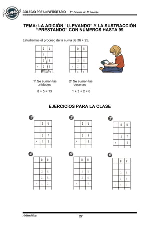 COLEGIO PRE UNIVERSITARIO 1er
Grado de Primaria
TEMA: LA ADICIÓN “LLEVANDO” Y LA SUSTRACCIÓN
“PRESTANDO” CON NÚMEROS HASTA 99
Estudiamos el proceso de la suma de 38 + 25.
D U
1
3 8
5
1
2
3
+
D U
1
3 8
52
3
+
6
1º Se suman las 2º Se suman las
unidades decenas
8 + 5 = 13 1 + 3 + 2 = 6
EJERCICIOS PARA LA CLASE
D U
2 7
81+
D U
2 9
6+
D U
3 7
5+
D U
3 6
62
+
D U
4 8
63
+
D U
3 5
92
+21 9 71
Aritmética 27
 