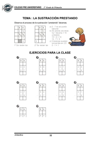 COLEGIO PRE UNIVERSITARIO 1er
Grado de Primaria
TEMA : LA SUSTRACCIÓN PRESTANDO
Observa el proceso de la sustracción “prestando” decenas.
D U
2
3 2
71
5
-
D U
1 2 2
3 2
71
5
-
1 2
1 º S e r e s ta n la s
u n id a d e s
2 º S e r e s ta n la s
d e c e n a s
a ) 2 - 7 n o s e p u e d e
e je c u t a r.
b ) S e p r e s t a u n a d e c e -
n a 1 d e c e n a = 1 0
u n id a d e s
1 0 + 2 = 1 2
1 2 - 7 = 5
c ) 3 d e c e n a s q u e d a n
c o n v e r t id a e n 2 D
2 - 1 = 1
EJERCICIOS PARA LA CLASE
D U
4 3
72-
D U
5 8
93-
D U
4 1
62-
D U
2 5
91-
D U
4 7
82-
D U
5 2
73-
D U
6 2
53-
D U
2 1
81-
D U
5 0
23-
D U
8 4
64-
Aritmética 32
 