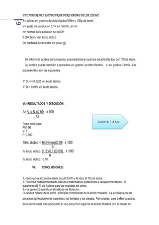 TECNOLOGIA EINDUSTRIA DERIVADAS DE LA LECHE9
A= acidez en gramos de ácido láctico/100m o 100g de leche
V= gasto de la solución 0.1N de Na OH, en ml
N= normal de la solución de Na OH
0.09= factor del ácido láctico
Q= cantidad de muestra, en peso (g)
Se informa la acides de la muestra, expresándola en gramos de ácido láctico por 100 de leche.
La acidez puede también expresarse en grados soxhlet Henkel o en grados Dornie. Las
equivalentes son las siguientes.
1° S.H.= 0.0225 en ácido láctico
1° D = 0.01% en ácido láctico.
VI.- RESULTADOS Y DISCUCIÓN:
A= V X N X0.09 x 100
Q
Peso molecular:
PM: 90
V: 1
P: 0.090
%Ac láctico = 6X NmeqX0.09 x 100
9
% ácido láctico: (1.8)(0.1)(0.09) x 100
9
% ácido láctico: 0.18.
VI. CONCLUSIONES:
1.- Se logró realizar el análisis de pH (6.67) y Acidez (0.18) de leche
2. Pudimos obtener mediante cálculos matemáticos posteriores a la experimentación, el
parámetro dé % de Acidez para las muestras de leche.
3.- se aprendió a realizar el método de titulación.
La acidez natural de la leche, principal componente de la acidez titulable, es explicada por las
proteínas (principalmente caseínas), los fosfatos y los citratos. Por lo tanto, para definir la acidez
de la leche sería más apropiado el uso del pH en lugar de la acidez titulable con el objeto de
GASTO: 1.8 ML
 