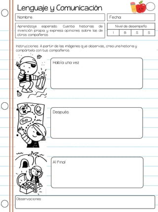 Nombre: Fecha:
Aprendizaje esperado: Cuenta historias de
invención propia y expresa opiniones sobre las de
otros compañeros.
Nivel de desempeño
I B S S
Instrucciones: A partir de las imágenes que observas, crea una historia y
compártela con tus compañeros.
Observaciones:
Lenguaje y Comunicación
Había una vez
Después
Al final
 