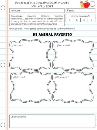 Nombre: Fecha:
Aprendizaje esperado: Obtiene, registra,
representa y describe información para responder
dudas y ampliar su conocimiento en relación con
plantas, animales y otros elementos naturales.
Nivel de desempeño
I B S S
Instrucciones: Investiga las características de tu animal favorito.
Observaciones:
Exploración y comprensión del mundo
natural y social
Mi animal favorito
¿Cómo es? ¿Dónde vive?
¿Qué come? ¿Cómo nace?
 