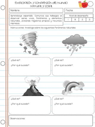 Nombre: Fecha:
Aprendizaje esperado: Comunica sus hallazgos al
observar seres vivos, fenómenos y elementos
naturales, utilizando registros propios y recursos
impresos.
Nivel de desempeño
I B S S
Instrucciones: Investiga sobre los siguientes fenómenos naturales.
Observaciones:
Exploración y comprensión del mundo
natural y social
¿Qué es?
¿Por qué sucede?
¿Qué es?
¿Por qué sucede?
¿Qué es?
¿Por qué sucede?
¿Qué es?
¿Por qué sucede?
 