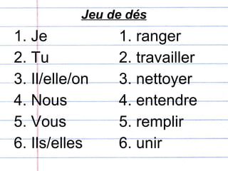 Jeu de dés Je  Tu Il/elle/on Nous Vous Ils/elles ranger travailler nettoyer entendre remplir unir 