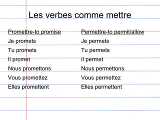 Les verbes comme mettre Promettre-to promise Je promets Tu promets Il promet Nous promettons Vous promettez Elles promettent Permettre-to permit/allow Je permets Tu permets Il permet Nous permettons Vous permettez Elles permettent 