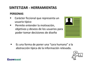 .
Gustavo tiene 38 años
Trabaja como jardinero
hace 15 años
Es fanático del fútbol
Tiene 2 hijos, una nena y
un varón
Cuando sale toda la
familia, les gusta ir al
parque.
PERSONAS
SINTETIZAR - HERRAMIENTAS
 