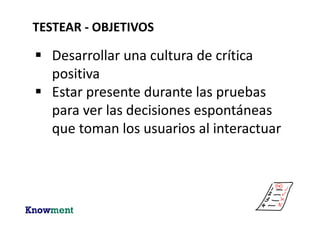 TESTEAR: HERRAMIENTAS
¿?
+
Grilla de captura de Feedback
 