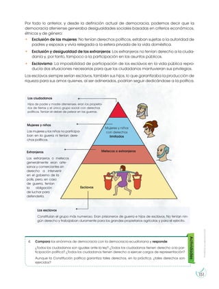 Prohibida
su
reproducción
151
Por todo lo anterior, y desde la definición actual de democracia, podemos decir que la
democracia ateniense generaba desigualdades sociales basadas en criterios económicos,
étnicos y de género:
• Exclusión de las mujeres: No tenían derechos políticos, estaban sujetas a la autoridad de
padres y esposos y vivía relegada a la esfera privada de la vida doméstica.
• Exclusión y desigualdad de los extranjeros: Los extranjeros no tenían derecho a la ciuda-
danía y, por tanto, tampoco a la participación en los asuntos públicos.
• Esclavismo: La imposibilidad de participación de los esclavos en la vida pública repro-
ducía dos situaciones necesarias para que los ciudadanos mantuvieran sus privilegios.
Los esclavos siempre serían esclavos, también sus hijos, lo que garantizaba la producción de
riqueza para sus amos quienes, al ser adinerados, podrían seguir dedicándose a la política.
4. Compara los sinónimos de democracia con la democracia ecuatoriana y responde:
¿Todos los ciudadanos son iguales ante la ley? ¿Todos los ciudadanos tienen derecho a la par-
ticipación política? ¿Todos los ciudadanos tienen derecho a ejercer cargos de representación?
Aunque la Constitución política garantiza tales derechos, en la práctica, ¿tales derechos son
ejercidos?
Actividades
Mujeres y niños
con derechos
limitados
Metecos o extranjeros
Esclavos
Los esclavos
Constituían el grupo más numeroso. Eran prisioneros de guerra e hijos de esclavos. No tenían nin-
gún derecho y trabajaban duramente para los grandes propietarios agrícolas y para el ejército.
Los ciudadanos
Hijos de padre y madre atenienses, eran los propieta-
rios de tierras y el único grupo social con derechos
políticos. Tenían el deber de pelear en las guerras.
Extranjeros
Los extranjeros o metecos
generalmente eran arte-
sanos y comerciantes sin
derecho a intervenir
en el gobierno de la
polis, pero, en caso
de guerra, tenían
la obligación
de luchar para
defenderla.
Mujeres y niños
Las mujeres y los niños no participa-
ban en la guerra ni tenían dere-
chos políticos.
 