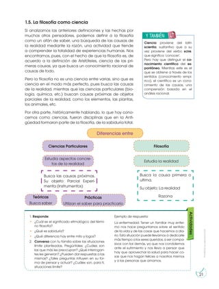 Prohibida
su
reproducción
21
1.5. La filosofía como ciencia
Si analizamos las anteriores definiciones y las hechas por
muchos otros pensadores, podemos definir a la filosofía
como un afán de saber, una búsqueda de las causas de
la realidad mediante la razón, una actividad que tiende
a comprender la totalidad de experiencias humanas. Nos
encontramos, pues, con el hecho de que la filosofía es, de
acuerdo a la definición de Aristóteles, ciencia de las pri-
meras causas, ya que busca un conocimiento racional de
causas de todo.
Pero la filosofía no es una ciencia entre varias, sino que es
ciencia en el modo más perfecto, pues busca las causas
de la realidad, mientras que las ciencias particulares (bio-
logía, química, etc.) buscan causas próximas de objetos
parciales de la realidad, como los elementos, las plantas,
los animales, etc.
Por otra parte, históricamente hablando, lo que hoy cono-
cemos como ciencias, fueron disciplinas que en la Anti-
güedad formaron parte de la filosofía, de la sabiduría total.
y también:
E
N
G
R
UPO
Y
T
A
M
B
IÉN:
T
I
C
R
E
C
O
R
T
A
BLES
C
A
L
C
U
L
A
DORA
Ciencia proviene del latín
scientia, sustantivo que a su
vez proviene del verbo scire,
que significa ‘conocer’.
Pero hay que distinguir el co-
nocimiento científico del es-
pontáneo. Mientras este es el
que se obtiene a través de los
sentidos (conocimiento empí-
rico), el científico es un cono-
cimiento de las causas, una
comprensión basada en el
análisis racional.
1. Responde:
• ¿Cuál es el significado etimológico del térmi-
no filosofía?
• ¿Qué es sabiduría?
• ¿Qué diferencia hay entre mito y logos?
2. Conversa con tu familia sobre las situaciones
límite planteadas. Pregúntales: ¿Cuáles son
las que más les preocupan? ¿Qué interrogan-
tes les generan? ¿Pueden dar respuestas a las
mismas? ¿Tales preguntas influyen en su for-
ma de pensar y actuar? ¿Cuáles son, para ti,
situaciones límite?
Ejemplo de respuesta:
La enfermedad: Tener un familiar muy enfer-
mo nos hace preguntarnos sobre el sentido
de la vida y de las cosas que hacemos a dia-
rio. Esta situación puede llevarnos a dedicarle
más tiempo a los seres queridos, a ser compa-
sivos con los demás, ya que nos condolemos
ante el sufrimiento y nos lleva a pensar que
hay que aprovechar la salud para hacer co-
sas que nos hagan felices a nosotros mismos
y a las personas que amamos.
Actividades
Diferencias entre
Estudia aspectos concre-
tos de la realidad
Ciencias Particulares
Teóricas
Busca saber
Prácticas
Utilizan el saber para practicarlo
Estudia la realidad
Filosofía
Busca las causas próximas.
Su objeto: Parcial Experi-
menta (Instrumentos)
Busca la causa primera o
ultima.
Su objeto: La realidad
Razona
 