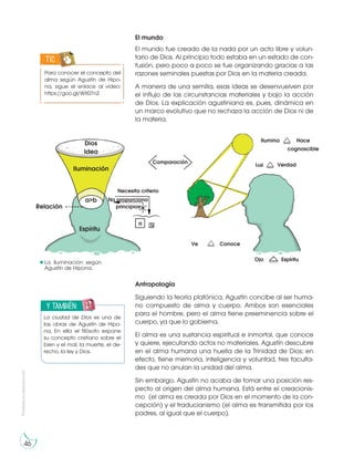 Prohibida
su
reproducción
46
El mundo
El mundo fue creado de la nada por un acto libre y volun-
tario de Dios. Al principio todo estaba en un estado de con-
fusión, pero poco a poco se fue organizando gracias a las
razones seminales puestas por Dios en la materia creada.
A manera de una semilla, esas ideas se desenvuelven por
el influjo de las circunstancias materiales y bajo la acción
de Dios. La explicación agustiniana es, pues, dinámica en
un marco evolutivo que no rechaza la acción de Dios ni de
la materia.
Antropología
Siguiendo la teoría platónica, Agustín concibe al ser huma-
no compuesto de alma y cuerpo. Ambos son esenciales
para el hombre, pero el alma tiene preeminencia sobre el
cuerpo, ya que lo gobierna.
El alma es una sustancia espiritual e inmortal, que conoce
y quiere, ejecutando actos no materiales. Agustín descubre
en el alma humana una huella de la Trinidad de Dios; en
efecto, tiene memoria, inteligencia y voluntad, tres faculta-
des que no anulan la unidad del alma.
Sin embargo, Agustín no acaba de tomar una posición res-
pecto al origen del alma humana. Está entre el creacionis-
mo (el alma es creada por Dios en el momento de la con-
cepción) y el traducianismo (el alma es transmitida por los
padres, al igual que el cuerpo).
La iluminación según
Agustín de Hipona.
Dios
Idea
Iluminación
a>b
Espíritu
Relación
Necesita criterio
Comparación
Ilumina
Luz
Ve
Ojo Espíritu
Conoce
Verdad
Hace
cognoscible
No proporciona
principios
a b
Para conocer el concepto del
alma según Agustín de Hipo-
na, sigue el enlace al vídeo:
https://goo.gl/WX07n2
TIC
y también:
E
N
G
R
UPO
Y
T
A
M
B
IÉN:
T
I
C
R
E
C
O
R
T
A
BLES
C
A
L
C
U
L
A
DORA
La ciudad de Dios es una de
las obras de Agustín de Hipo-
na. En ella el filósofo expone
su concepto cristiano sobre el
bien y el mal, la muerte, el de-
recho, la ley y Dios.
 