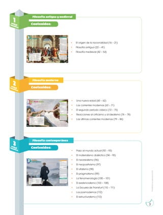 Prohibida
su
reproducción
3
3
Filosofía antigua y medieval
Filosofía moderna
Filosofía contemporánea
1
unidad
temática
• El origen de la racionalidad (16 – 21)
• Filosofía antigua (22 – 41)
• Filosofía medieval (42 – 54)
• Una nueva edad (60 – 62)
• Las corrientes modernas (63 – 71)
• El segundo período clásico (72 – 75)
• Reacciones al criticismo y al idealismo (76 – 78)
• Las últimas corrientes modernas (79 – 86)
• Paso al mundo actual (92 – 93)
• El materialismo dialéctico (94 – 95)
• El neorrealismo (96)
• El neopositivismo (97)
• El vitalismo (98)
• El pragmatismo (99)
• La fenomenología (100 – 101)
• El existencialismo (103 – 108)
• La Escuela de Frankfurt (110 – 111)
• Los posmodernos (112)
• El estructuralismo (112)
2
unidad
temática
3
unidad
temática
Contenidos:
Contenidos:
Contenidos:
 