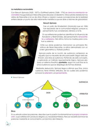 Prohibida
su
reproducción
66
La metafísica racionalista
Con Baruch Spinoza (1632 - 1677) y Gottfried Leibniz (1646 - 1716) se cierra la orientación ra-
cionalista inaugurada por Descartes para dar paso al idealismo. Estos autores reelaboran los
datos de Descartes a la luz de otros influjos y crearon nuevas concepciones de la realidad
entera desde un punto de vista netamente metafísica que se abre a visiones de globalidad.
Baruch Spinoza
Fue un judío de Amsterdam (Holanda) que en 1656
fue expulsado de la comunidad religiosa, porque su
pensamiento fue considerado ofensivo a la fe.
En sus reflexiones podemos identificar la influencia de
Avicebrón y Maimónides, del pensamiento renacentis-
ta y cartesiano. Del último, toma los medios para cons-
truir su sistema.
Entre sus obras podemos mencionar Los principios filo-
sóficos de René Descartes, La ética demostrada con un
orden geométrico y Tratado político.
Spinoza parte de la noción de sustancia cartesiana: es
aquello que no necesita de otro para existir. Según esta de-
finición, solo Dios es sustancia. Partiendo de este concepto,
y aplicando un método rigurosamente lógico, Spinoza ela-
bora un sistema filosófico panteísta, según el cual Dios es la
única sustancia que se despliega de formas diversas.
Mediante deducción, Spinoza llega a afirmar que Dios, única
sustancia, tiene infinitos atributos, de los cuales solo podemos
conocer la extensión y el pensamiento.
Baruch Spinoza.
h
tt
p
s
:/
/
g
o
o
.g
l/
6
0
u
8
ly
Ética
En su estudio sobre las pasiones, describe que la pasión fundamental es la propia conserva-
ción, cuya satisfacción produce alegría y su necesidad tristeza. Pero se necesita dominar las
pasiones mediante el conocimiento y el dominio del intelecto.
COSAS INDIVIDUALES IDEAS
DIOS
SUSTANCIA
ATRIBUTOS
MODOS
EXTENSION PENSAMIENTO
 