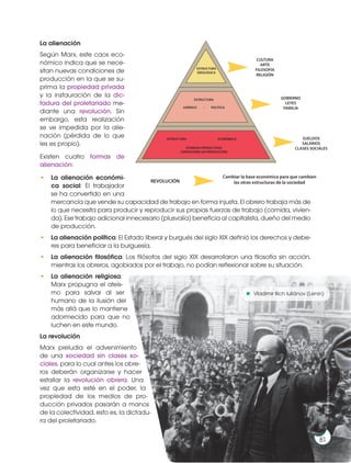 La alienación
Según Marx, este caos eco-
nómico indica que se nece-
sitan nuevas condiciones de
producción en la que se su-
prima la propiedad privada
y la instauración de la dic-
tadura del proletariado me-
diante una revolución. Sin
embargo, esta realización
se ve impedida por la alie-
nación (pérdida de lo que
les es propio).
Existen cuatro formas de
alienación:
• La alienación económi-
ca social: El trabajador
se ha convertido en una
mercancía que vende su capacidad de trabajo en forma injusta. El obrero trabaja más de
lo que necesita para producir y reproducir sus propias fuerzas de trabajo (comida, vivien-
da). Ese trabajo adicional innecesario (plusvalía) beneficia al capitalista, dueño del medio
de producción.
• La alienación política: El Estado liberal y burgués del siglo XIX definió los derechos y debe-
res para beneficiar a la burguesía.
• La alienación filosófica: Los filósofos del siglo XIX desarrollaron una filosofía sin acción,
mientras los obreros, agobiados por el trabajo, no podían reflexionar sobre su situación.
• La alienación religiosa:
Marx propugna el ateís-
mo para salvar al ser
humano de la ilusión del
más allá que lo mantiene
adormecido para que no
luchen en este mundo.
La revolución
Marx preludia el advenimiento
de una sociedad sin clases so-
ciales, para lo cual antes los obre-
ros deberán organizarse y hacer
estallar la revolución obrera. Una
vez que esta esté en el poder, la
propiedad de los medios de pro-
ducción privados pasarán a manos
de la colectividad, esto es, la dictadu-
ra del proletariado.
ESTRUCTURA
IDEOLÓGICA
CULTURA
ARTE
FILOSOFÍA
RELIGIÓN
REVOLUCIÓN
SUELDOS
SALARIOS
CLASES SOCIALES
GOBIERNO
LEYES
FAMILIA
ESTRUCTURA
ESTRUCTURA
(FUERZAS PRODUCTIVAS
CONDICIONES DE PRODUCCIÓN)
ECONÓMICA
JURÍDICO
Cambiar la base económica para que cambien
las otras estructuras de la sociedad
– POLÍTICA
Prohibida
su
reproducción
81
h
tt
p
s
:/
/
g
o
o
.g
l/
h
3
c
L
D
a
Vladimir Ilich Iuliánov (Lenin)
 