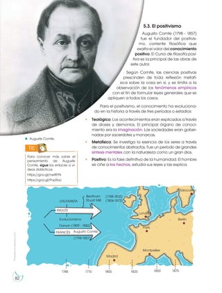 Prohibida
su
reproducción
82
5.3. El positivismo
Augusto Comte (1798 - 1857)
fue el fundador del positivis-
mo, corriente filosófica que
exalta el valor del conocimiento
positivo. El Curso de filosofía posi-
tiva es la principal de las obras de
este autor.
Según Comite, las ciencias positivas
prescinden de toda reflexión metafí-
sica sobre la cosa en sí, y se limita a la
observación de los fenómenos empíricos
con el fin de formular leyes generales que se
apliquen a todos los casos.
Para el positivismo, el conocimiento ha evoluciona-
do en la historia a través de tres períodos o estadios:
• Teológico: Los acontecimientos eran explicados a través
de dioses y demonios. El principal órgano de conoci-
miento era la imaginación. Las sociedades eran gober-
nadas por sacerdotes y monarcas.
• Metafísico: Se investiga la esencia de los seres a través
de conocimientos abstractos. Fue un período de grandes
síntesis mentales con la naturaleza como un gran dios.
• Positivo: Es la fase definitiva de la humanidad. El hombre
se ciñe a los hechos, estudia sus leyes y las explica.
Auguste Comte.
http://goo.gl/R1cTHC
Para conocer más sobre el
pensamiento de Auguste
Comte, sigue los enlaces a ví-
deos didácticos:
https://goo.gl/nwt8YN
https://goo.gl/PnpRaJ
TIC
INGLÉS
UTILITARISTA
Evolucionismo
Darwin (1809 - 1882)
FRANCÉS Augusto Comte
(1798-1857)
(1748-1832)
(1806-1873)
Bentham
Londres
París
Montpellier
1875
1850
1825
1800
1715
1748
Madrid
Berlín
Estocolmo
Stuart Mill
 