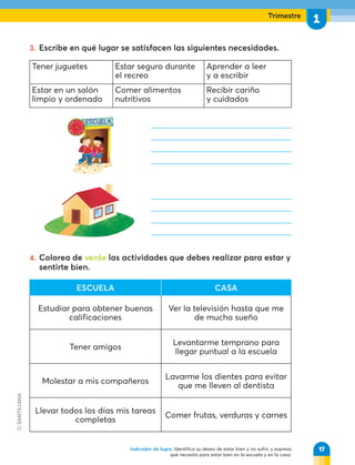 Trimestre
1
Indicador de logro: Identifica su deseo de estar bien y no sufrir, y expresa
qué necesita para estar bien en la escuela y en la casa.
3. Escribe en qué lugar se satisfacen las siguientes necesidades.
Tener juguetes Estar seguro durante
el recreo
Aprender a leer
y a escribir
Estar en un salón
limpio y ordenado
Comer alimentos
nutritivos
Recibir cariño
y cuidados
ESCUELA CASA
Estudiar para obtener buenas
calificaciones
Ver la televisión hasta que me
de mucho sueño
Tener amigos
Levantarme temprano para
llegar puntual a la escuela
Molestar a mis compañeros
Lavarme los dientes para evitar
que me lleven al dentista
Llevar todos los días mis tareas
completas
Comer frutas, verduras y carnes
4. Colorea de verde las actividades que debes realizar para estar y
sentirte bien.
17
 