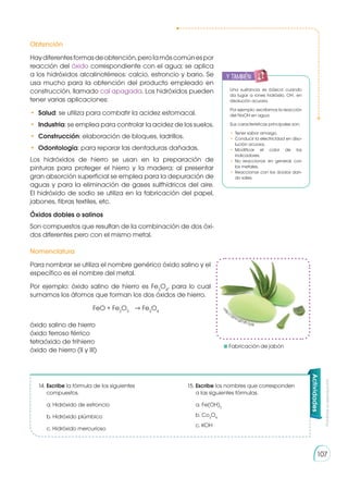 Prohibida
su
reproducción
107
	Fabricación de jabón
Obtención
Haydiferentesformasdeobtención,perolamáscomúnespor
reacción del óxido correspondiente con el agua; se aplica
a los hidróxidos alcalinotérreos: calcio, estroncio y bario. Se
usa mucho para la obtención del producto empleado en
construcción, llamado cal apagada. Los hidróxidos pueden
tener varias aplicaciones:
•	 Salud: se utiliza para combatir la acidez estomacal.
•	 Industria: se emplea para controlar la acidez de los suelos.
•	 Construcción: elaboración de bloques, ladrillos.
•	 Odontología: para reparar las dentaduras dañadas.
Los hidróxidos de hierro se usan en la preparación de
pinturas para proteger el hierro y la madera; al presentar
gran absorción superficial se emplea para la depuración de
aguas y para la eliminación de gases sulfhídricos del aire.
El hidróxido de sodio se utiliza en la fabricación del papel,
jabones, fibras textiles, etc.
Una sustancia es básica cuando
da lugar a iones hidróxilo, OH-
, en
disolución acuosa.
Por ejemplo: escribimos la reacción
del NaOH en agua.
Sus características principales son:
•	Tener sabor amargo.
•	Conducir la electricidad en diso-
lución acuosa.
•	
Modificar el color de los
indicadores.
•	No reaccionar, en general, con
los metales.
•	Reaccionar con los ácidos dan-
do sales.
14. 	
Escribe la fórmula de los siguientes
compuestos.
a. Hidróxido de estroncio
b. Hidróxido plúmbico
c. Hidróxido mercurioso
15.	Escribe los nombres que corresponden
a las siguientes fórmulas.
	 a. Fe(OH)3
	 b. Co3
O4
	 c. KOH
Óxidos dobles o salinos
Son compuestos que resultan de la combinación de dos óxi-
dos diferentes pero con el mismo metal.
Nomenclatura
Para nombrar se utiliza el nombre genérico óxido salino y el
específico es el nombre del metal.
Por ejemplo: óxido salino de hierro es Fe3
O4
, para lo cual
sumamos los átomos que forman los dos óxidos de hierro.
			FeO + Fe2
O3
	 → Fe3
O4
	
óxido salino de hierro
óxido ferroso férrico
tetraóxido de trihierro
óxido de hierro (II y III)
Actividades
h
ttp://goo.gl/dh1ptk
y también:
 