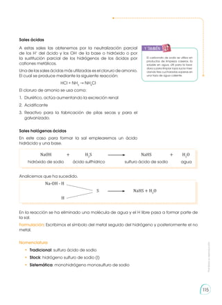 Prohibida
su
reproducción
115
El carbonato de sodio se utiliza en
productos de limpieza caseros. Es
soluble en agua, útil para la lava-
dora y para limpiar ropa sucia mez-
clando tres cucharadas soperas en
una taza de agua caliente.
Sales halógenas ácidas
En este caso para formar la sal emplearemos un ácido
hidrácido y una base.
	 NaOH 	 + 	 H2
S 	 	 NaHS 	 + 	 H2
O
	 hidróxido de sodio 	 ácido sulfhídrico	 sulfuro ácido de sodio	 agua
Analicemos que ha sucedido.
Na-OH - H
	S	
	 NaHS + H2
O
	H
En la reacción se ha eliminado una molécula de agua y el H libre pasa a formar parte de
la sal.
Formulación: Escribimos el símbolo del metal seguido del hidrógeno y posteriormente el no
metal.
Nomenclatura
•	 Tradicional: sulfuro ácido de sodio
•	 Stock: hidrógeno sulfuro de sodio (I)
•	 Sistemática: monohidrógeno monosulfuro de sodio
Sales ácidas
A estas sales las obtenemos por la neutralización parcial
de los H+
del ácido y los OH-
de la base o hidróxido o por
la sustitución parcial de los hidrógenos de los ácidos por
cationes metálicos.
Una de las sales ácidas más utilizadas es el cloruro de amonio.
El cual se produce mediante la siguiente reacción:
HCl + NH3
→ NH4
Cl
El cloruro de amonio se usa como:
1.	 Diurético, actúa aumentando la excreción renal
2.	Acidificante
3.	Reactivo para la fabricación de pilas secas y para el
galvanizado.
y también:
 