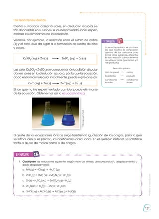 Prohibida
su
reproducción
131
Las reacciones iónicas
Ciertas sustancias, como las sales, en disolución acuosa es-
tán disociadas en sus iones. A los denominados iones espec-
tadores los eliminamos de la ecuación.
Veamos, por ejemplo, la reacción entre el sulfato de cobre
(II) y el cinc, que da lugar a la formación de sulfato de cinc
y cobre.
	CuSO4
(aq) + Zn (s)	 	ZnSO4
(aq) + Cu (s)
y también:
E
N
G
R
UPO
Y
T
A
M
B
IÉN
T
I
C
S
R
E
C
O
R
T
A
BLES
C
A
L
C
U
L
A
DORA
La reacción química es una cam-
bio que modifica la composición
química de las sustancias para
formar otras sustancias diferentes.
En toda reacción química tenemos
dos etapas: inicial (reactantes) y fi-
nal (producto).
Reacción química
Hoja de papel 	 	ceniza
Reactantes	 	producto
Condiciones	 	condiciones
iniciales		finales
http://goo.gl/rv7axB
Las sales CuSO4
y ZnSO4
son compuestos iónicos. Están disocia-
dos en iones en la disolución acuosa, por lo que la ecuación,
dada en forma molecular inicialmente, puede expresarse así:
El ion que no ha experimentado cambio, puede eliminarse
de la ecuación. Obtenemos así la ecuación iónica.
1.	 Clasifiquen las reacciones siguientes según sean de síntesis, descomposición, desplazamiento o
doble desplazamiento:
a.	NH3
(g) + HCl (g) NH4
Cl (g)
b.	2NH3
(g) + 3Mg (s) Mg3
N2
(s) + 3H2
(g)
c.	 Zn(s) + H2
SO4
(aq) ZnSO4
(aq) + H2
(g)
d. 	2H2
S(aq) + O2
(g) 2S(s) + 2H2
O(l)
e.	 3HCl(aq) + Al(OH)3
(s) AlCl3
(aq) +3H2
O(l)
El ajuste de las ecuaciones iónicas exige también la igualación de las cargas, para lo que
se introducen, si es preciso, los coeficientes adecuados. En el ejemplo anterior, se satisface
tanto el ajuste de masas como el de cargas.
Cu2+
(aq) + Zn (s) Zn2+
(aq) + Cu (s)
en grupo
E
N
G
R
UPO
Y
T
A
M
B
IÉN
T
I
C
S
R
E
C
O
R
T
A
BLES
C
A
L
C
U
L
A
DORA
 