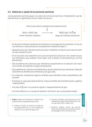 Prohibida
su
reproducción
137
5.3. 	Balanceo o ajuste de ecuaciones químicas
Las ecuaciones químicas siguen una serie de normas de escritura e interpretación que les
permite tener un significado unívoco. Estas normas son:
11.	Indica cuáles son los reactivos y cuáles son los
productos de las siguientes reacciones.
a.	 El etanol, C2
H5
OH, se quema en presencia
del oxígeno del aire, O2
, y forma dióxido de
carbono, CO2
y vapor de agua, H2
O.
b.	 El ácido clorhídrico, HCl, reacciona con el
hidróxido de sodio, NaOH para formar clo-
ruro de sodio, NaCl, y agua, H2
O.
c.	Podemos obtener cloruro de amonio,
NH4
Cl, haciendo reaccionar entre sí cloruro
de hidrógeno, HCl, y amoníaco, NH3
.
Actividades
	
	
	 Zn(s) + H2
SO4
(aq) 	 	ZnSO4
(aq) + H2
(g)
	 Primer miembro: reactivos		 Segundo miembro: productos
•	 En el primer miembro escribimos los reactivos y en el segundo los productos. Si hay va-
rios reactivos o varios productos, los separamos mediante el signo +.
•	 Separamos los dos miembros de la ecuación mediante una flecha que indica el senti-
do de la transformación.
•	 En la ecuación solo describimos el curso principal de la reacción. No constan los pa-
sos intermedios que pudieran tener lugar, solo el estado inicial (reactivos) y el final
(productos).
•	 Solo escribimos las sustancias que intervienen propiamente en la reacción. No hace-
mos constar, por ejemplo, el agua de disolución.
•	 Frecuentemente, indicamos el estado físico de las sustancias que intervienen. Después
de la fórmula añadimos los símbolos (s), (l), (g) y (aq).
•	 En ocasiones, empleamos algunos símbolos para identificar otras características del
proceso.
• 	El símbolo ∆, colocado sobre la flecha, indica el sentido de la transformación, significa
‘calentamiento’.
•	 Una flecha junto a un producto significa ‘desprendimiento de gas’.
•	 Una flecha junto a un producto significa ‘formación de un precipitado sólido’.
Flecha que indica el sentido de la transformación
 