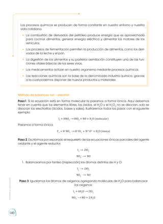 Prohibida
su
reproducción
140
Los procesos químicos se producen de forma constante en nuestro entorno y nuestra
vida cotidiana.
• 	La combustión de derivados del petróleo produce energía que es aprovechada
para cocinar alimentos, generar energía eléctrica y alimentar los motores de los
vehículos.
• 	Los procesos de fermentación permiten la producción de alimentos, como los deri-
vados de la leche y el pan.
• 	La digestión de los alimentos y su posterior asimilación constituyen una de las fun-
ciones vitales básicas de los seres vivos.
• 	Los medicamentos actúan en nuestro organismo mediante procesos químicos.
•	 Las reacciones químicas son la base de la denominada industria química, gracias
a la cual podemos disponer de nuevos productos y materiales.
Método de balanceo ion – electrón
Paso1. Si la ecuación está en forma molecular la pasamos a forma iónica. Aquí debemos
tener en cuenta que los elementos libres, los óxidos, el H2
O y el H2
O2
no se disocian, solo se
disocian los electrolitos (ácidos, bases y sales). Ilustraremos todos los pasos con el siguiente
ejemplo:
I2
+ HNO3
HIO3
+ NO + H2
O (molecular)
Pasamos a forma iónica:
I0
2
+ H+
NO3
-
H+
IO3
-
+ N2+
O2-
+ H2
O (iónica)
Paso 2. Escribimos por separado el esqueleto de las ecuaciones iónicas parciales del agente
oxidante y el agente reductor.
I2
2IO3
-
NO3
-
NO
1.	 Balanceamos por tanteo (inspección) los átomos distintos de H y O:
I2
2IO3
-
NO3
-
NO
Paso 3: Igualamos los átomos de oxígenos agregando moléculas de H2
O para balancear
los oxígenos:
I2
+ 6H2
O 2IO3
-
NO3
-
NO + 2 H2
O
 