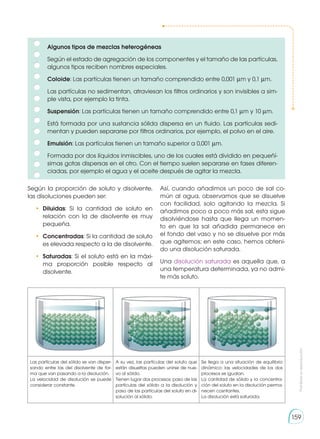 Prohibida
su
reproducción
159
Según la proporción de soluto y disolvente,
las disoluciones pueden ser:
•	 Diluidas: Si la cantidad de soluto en
relación con la de disolvente es muy
pequeña.
•	 Concentradas: Si la cantidad de soluto
es elevada respecto a la de disolvente.
•	 Saturadas: Si el soluto está en la máxi-
ma proporción posible respecto al
disolvente.
Así, cuando añadimos un poco de sal co-
mún al agua, observamos que se disuelve
con facilidad, solo agitando la mezcla. Si
añadimos poco a poco más sal, esta sigue
disolviéndose hasta que llega un momen-
to en que la sal añadida permanece en
el fondo del vaso y no se disuelve por más
que agitemos; en este caso, hemos obteni-
do una disolución saturada.
Una disolución saturada es aquella que, a
una temperatura determinada, ya no admi-
te más soluto.
Algunos tipos de mezclas heterogéneas
Según el estado de agregación de los componentes y el tamaño de las partículas,
algunos tipos reciben nombres especiales.
Coloide: Las partículas tienen un tamaño comprendido entre 0,001 μm y 0,1 μm.
Las partículas no sedimentan, atraviesan los filtros ordinarios y son invisibles a sim-
ple vista, por ejemplo la tinta.
Suspensión: Las partículas tienen un tamaño comprendido entre 0,1 μm y 10 μm.
Está formada por una sustancia sólida dispersa en un fluido. Las partículas sedi-
mentan y pueden separarse por filtros ordinarios, por ejemplo, el polvo en el aire.
Emulsión: Las partículas tienen un tamaño superior a 0,001 μm.
Formada por dos líquidos inmiscibles, uno de los cuales está dividido en pequeñí-
simas gotas dispersas en el otro. Con el tiempo suelen separarse en fases diferen-
ciadas, por ejemplo el agua y el aceite después de agitar la mezcla.
Las partículas del sólido se van disper-
sando entre las del disolvente de for-
ma que van pasando a la disolución.
La velocidad de disolución se puede
considerar constante.
A su vez, las partículas del soluto que
están disueltas pueden unirse de nue-
vo al sólido.
Tienen lugar dos procesos: paso de las
partículas del sólido a la disolución y
paso de las partículas del soluto en di-
solución al sólido.
Se llega a una situación de equilibrio
dinámico: las velocidades de los dos
procesos se igualan.
La cantidad de sólido y la concentra-
ción del soluto en la disolución perma-
necen cosntantes.
La disolución está saturada.
 