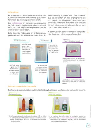 Prohibida
su
reproducción
163
Indicadores
En el laboratorio es muy frecuente el uso de
sustancias llamadas indicadores que permi-
ten medir de modo aproximado el pH.
Los indicadores, en general, son sustancias
orgánicas de naturaleza compleja que cam-
bian de color según sea el pH de la disolu-
ción a la que se añaden.
Entre los más habituales en el laboratorio,
podemos señalar el azul de bromotimol, la
fenolftaleína y el papel indicador universal,
que se presentan en tiras impregnadas de
una mezcla de diferentes indicadores. Tam-
bién hay sustancias naturales que actúan
como indicadores; por ejemplo, la col lom-
barda o los taninos del vino.
A continuación, conoceremos el comporta-
miento de los indicadores más usuales.
Ácidos y bases de uso frecuente
Existe una gran cantidad de sustancias ácidas y básicas de uso frecuente en nuestro entorno.
Sustancias ácidas Sustancias básicas
El salfumán, disolución de ácido clorhídrico, HCl, se utiliza
en la limpieza doméstica. Las naranjas y los limones con-
tienen ácido cítrico; el yogur, ácido láctico; el vinagre,
ácido acético.
En la limpieza doméstica algunos productos contienen
amoníaco, NH3
. La leche de magnesia es una solución
de hidróxido de magnesio, Mg(OH)2
, que se empleaba
como laxante y antiácido.
Azul de bromotimol
Al añadir unas
gotas a una
disolución ácida,
esta toma un
color amarillo
característico.
Al añadir unas
gotas a una
disolución bá-
sica, esta toma
un color azul
característico.
Papel indicador universal
Al introducir una tira en una disolu-
ción ácida, adquiere un color rojo
oscuro.
Al introducir una tira en una disolu-
ción básica, adquiere un color azul
intenso.
Fenolftaleína
Al añadir unas
gotas a una di-
solución ácida,
esta no adquie-
re ningún color.
Al añadir unas
gotas a una diso-
lución básica, esta
toma un color rosa
muy intenso.
 