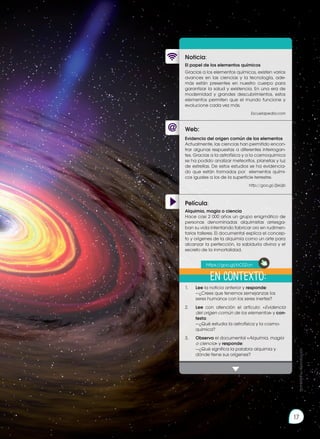 17
Web:
Noticia:
Película:
El papel de los elementos químicos
Gracias a los elementos químicos, existen varios
avances en las ciencias y la tecnología, ade-
más están presentes en nuestro cuerpo para
garantizar la salud y existencia. En una era de
modernidad y grandes descubrimientos, estos
elementos permiten que el mundo funcione y
evolucione cada vez más.
Escuelapedia.com
1.	 	 Lee la noticia anterior y responde:
		 —¿Crees que tenemos semejanzas los
seres humanos con los seres inertes?
2.		 Lee con atención el artículo: «Evidencia
del origen común de los elementos» y con-
testa:
		 —¿Qué estudia la astrofísica y la cosmo-
química?
3.		 Observa el documental «Alquimia, magia
o ciencia» y responde:
		 —¿Qué significa la palabra alquimia y
dónde tiene sus orígenes?
Evidencia del origen común de los elementos
Actualmente, las ciencias han permitido encon-
trar algunas respuestas a diferentes interrogan-
tes. Gracias a la astrofísica y a la cosmoquímica
se ha podido analizar meteoritos, planetas y luz
de estrellas. De estos estudios se ha evidencia-
do que están formados por elementos quími-
cos iguales a los de la superficie terrestre.
http://goo.gl/ZjeUjb
Alquimia, magia o ciencia
Hace casi 2 000 años un grupo enigmático de
personas denominadas alquimistas arriesga-
ban su vida intentando fabricar oro en rudimen-
tarios talleres. El documental explica el concep-
to y orígenes de la alquimia como un arte para
alcanzar la perfección, la sabiduría divina y el
secreto de la inmortalidad.
En contexto:
https://goo.gl/bC0Zcn
Prohibida
su
reproducción
17
 