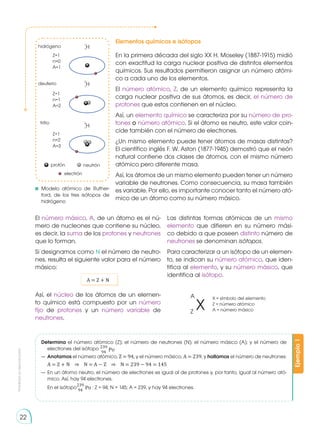 Prohibida
su
reproducción
22
protón neutrón
electrón
hidrógeno
deuterio
tritio
Z=1
n=0
A=1
Z=1
n=1
A=2
Z=1
n=2
A=3
H
1
1
H
2
1
H
3
1
Elementos químicos e isótopos
En la primera década del siglo XX H. Mo­­
seley (1887-1915) midió
con exactitud la carga nuclear positiva de distintos elementos
químicos. Sus resultados permitieron asignar un nú­
me­
ro atómi-
co a cada uno de los elementos.
El número atómico, Z, de un elemento químico representa la
carga nuclear positiva de sus átomos, es decir, el número de
protones que estos contienen en el núcleo.
Así, un elemento químico se caracteriza por su número de pro-
tones o número atómico. Si el átomo es neutro, este valor coin-
cide también con el número de electrones.
¿Un mismo elemento puede tener átomos de masas distintas?
El científico inglés F. W. Aston (1877-1945) demostró que el neón
natural contiene dos clases de átomos, con el mismo número
atómico pero diferente masa.
Así, los átomos de un mismo elemento pueden tener un número
variable de neutrones. Como consecuencia, su masa también
es variable. Por ello, es importante conocer tanto el número ató-
mico de un átomo como su número másico.
	Modelo atómico de Ruther-
ford, de los tres isótopos de
hi­drógeno
Ejemplo
1
Determina el número atómico (Z); el número de neutrones (N); el número másico (A); y el número de
electrones del isótopo 239
Pu
94
— 	Anotamos el número atómico, Z = 94, y el número másico, A = 239, y hallamos el número de neutrones:
	 A = Z + N ⇒ N = A − Z ⇒ N = 239 − 94 = 145
— 	En un átomo neutro, el número de electrones es igual al de protones y, por tanto, igual al número ató-
mico. Así, hay 94 electrones.
	 En el isótopo
239
Pu
94
: Z = 94; N = 145; A = 239, y hay 94 electrones.
El número másico, A, de un átomo es el nú-
mero de nucleones que contiene su núcleo,
es decir, la suma de los protones y neutrones
que lo forman.
Si designamos como N el número de neutro-
nes, resulta el siguiente va­
lor para el número
másico:
A = Z + N
Así, el núcleo de los átomos de un elemen-
to químico está compuesto por un número
fijo de protones y un número variable de
neutrones.
Las distintas formas atómicas de un mismo
elemento que difieren en su número mási-
co debido a que poseen distinto número de
neutrones se denominan isótopos.
Para caracterizar a un isótopo de un elemen-
to, se indican su número atómico, que iden-
tifica al elemento, y su número másico, que
identifica al isótopo.
X = símbolo del elemento
Z = número atómico
A = número másico
X
A
Z
 