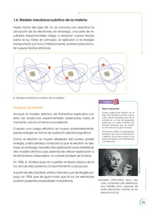 Prohibida
su
reproducción
25
1.4. Modelo mecánico-cuántico de la materia
Dualidad del electrón
Aunque el modelo atómico de Rutherford explicaba con
éxito las evidencias experimentales observadas hasta el
momento, era en sí mismo inconsistente.
Cuando una carga eléctrica se mueve aceleradamente,
pierde energía en forma de radiación electromagnética.
Como el electrón se mueve alrededor del núcleo, pierde
energía, y esta pérdida conduciría a que el electrón se des-
truya, sin embargo necesita otra explicación para establecer
otro modelo atómico que, además de ofrecer explicación a
los fenómenos observados, no vulnere las leyes de la física.
En 1905, A. Einstein puso en cuestión la teoría clásica de la
luz, donde esta presenta comportamiento corpuscular.
A partir de esta hipótesis, el físico francés Louis de Broglie pro-
puso, en 1924, que de igual modo que la luz, los electrones
podrían presentar propiedades ondulatorias.
Hasta inicios del siglo XX, no se conocía con exactitud la
ubicación de los electrones; sin embargo, una serie de re-
sultados experimentales obligó a elaborar nuevas teorías
sobre la luz. Estas, en principio, se aplicaron a la energía
transportada por la luz. Posteriormente, sirvieron para formu-
lar nuevas teorías atómicas.
Teoría corpuscular
El físico inglés Isaac Newton, en el
siglo XVII, planteó la teoría corpus-
cular, donde señalaba que «la luz
consiste en un flujo de pequeñas
partículas, sin masa, emitidos por
fuentes luminosas que se movían
en línea recta con gran rapidez».
Esta teoría analiza la propagación
rectilínea de la luz, la refractación
y reflexión de la misma, pero no los
anillos de Newton, las interferencias
y la difracción.
	Einstein (1879-1955), físico ale-
mán, comprobó que determina-
dos metales eran capaces de
emitir electrones cuando se los
exponía a la luz.
	Modelo mecánico-cuántico de la materia
http://goo.gl/Peu7l6
y también:
 